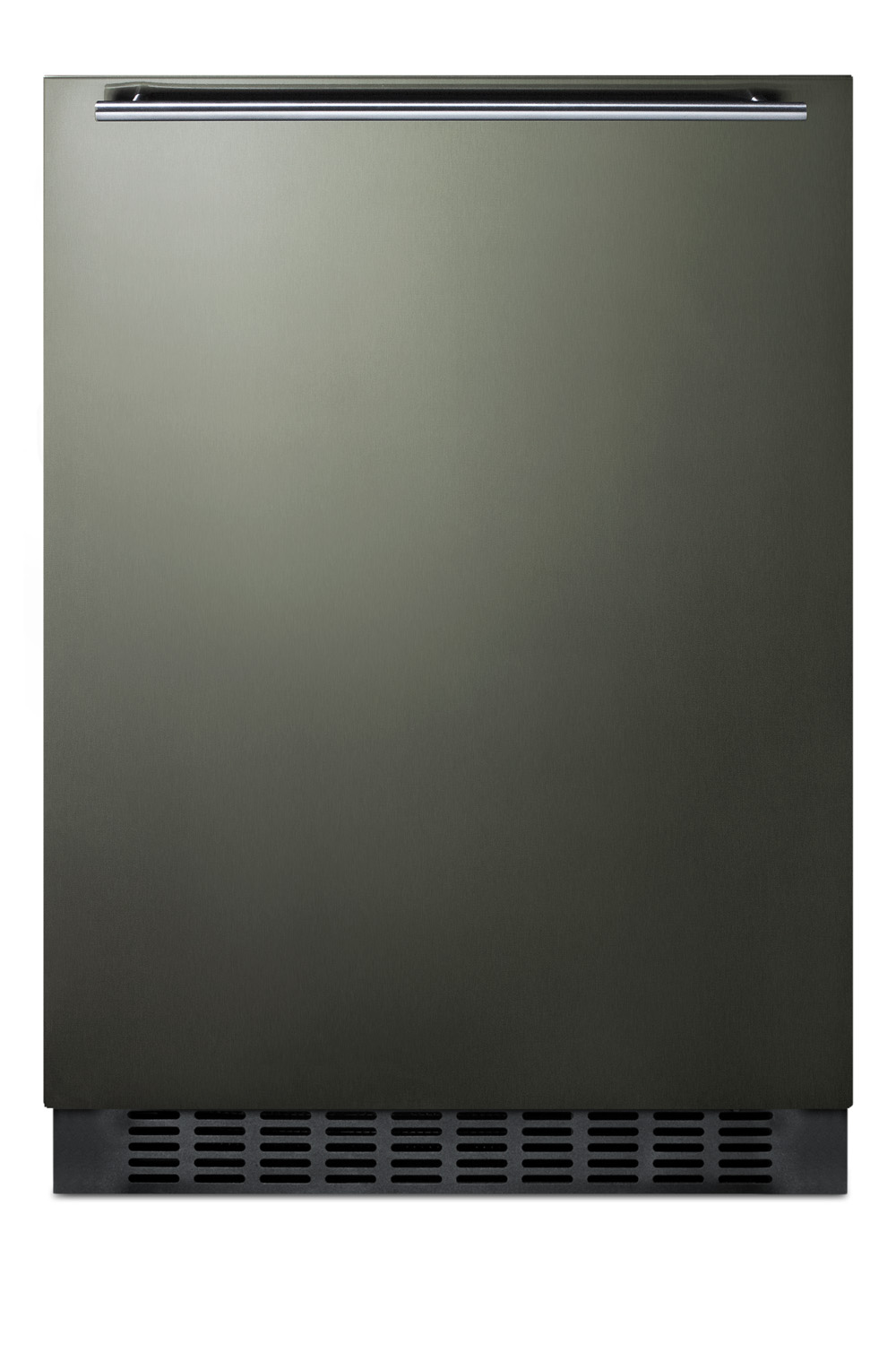 Built-in undercounter all-refrigerator for residential or commercial use, frost-free w/black stainless steel wrapped door, horizontal handle, and black cabinet